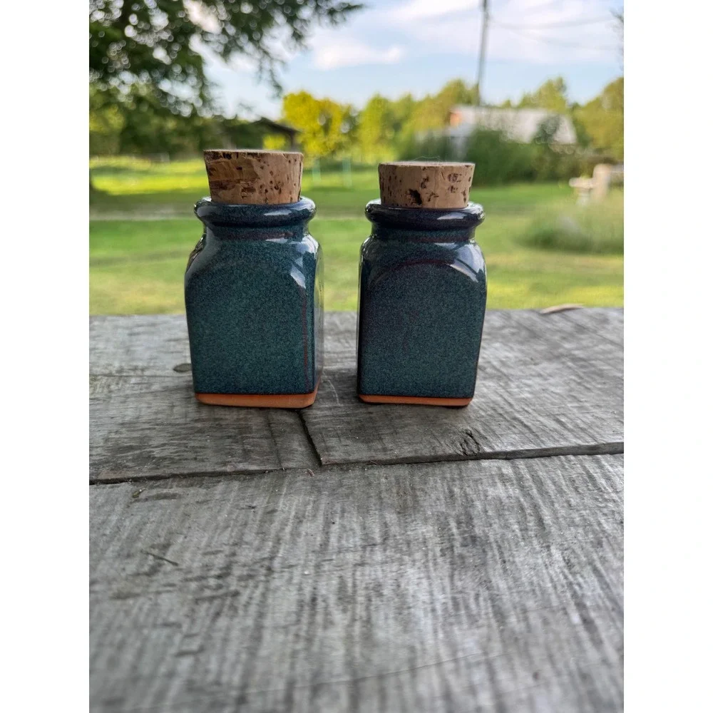Vintage 1997 Signed Studio Pottery Teal Glaze Leaf Spice Jars with Cork Set of 2